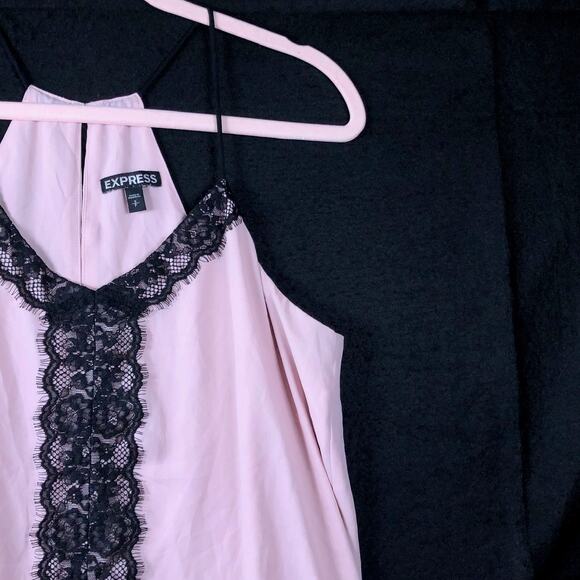 Express Womens Blouse Pink Black Lace V Neck Sleeveless Tank Keyhole Back Small - Picture 5 of 12